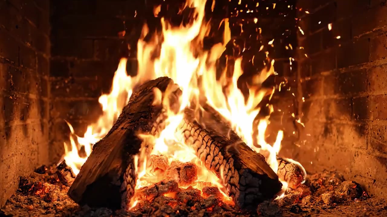 Un'affascinante esplosione di fiamme che danzano sopra i ceppi in un accogliente camino, emanando calore e un bagliore rilassante, perfetto per il relax e per migliorare l'atmosfera.