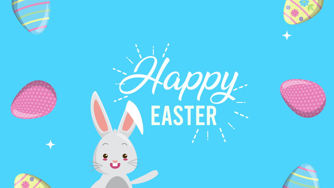 happy easter animated card with eggs painted and rabbit