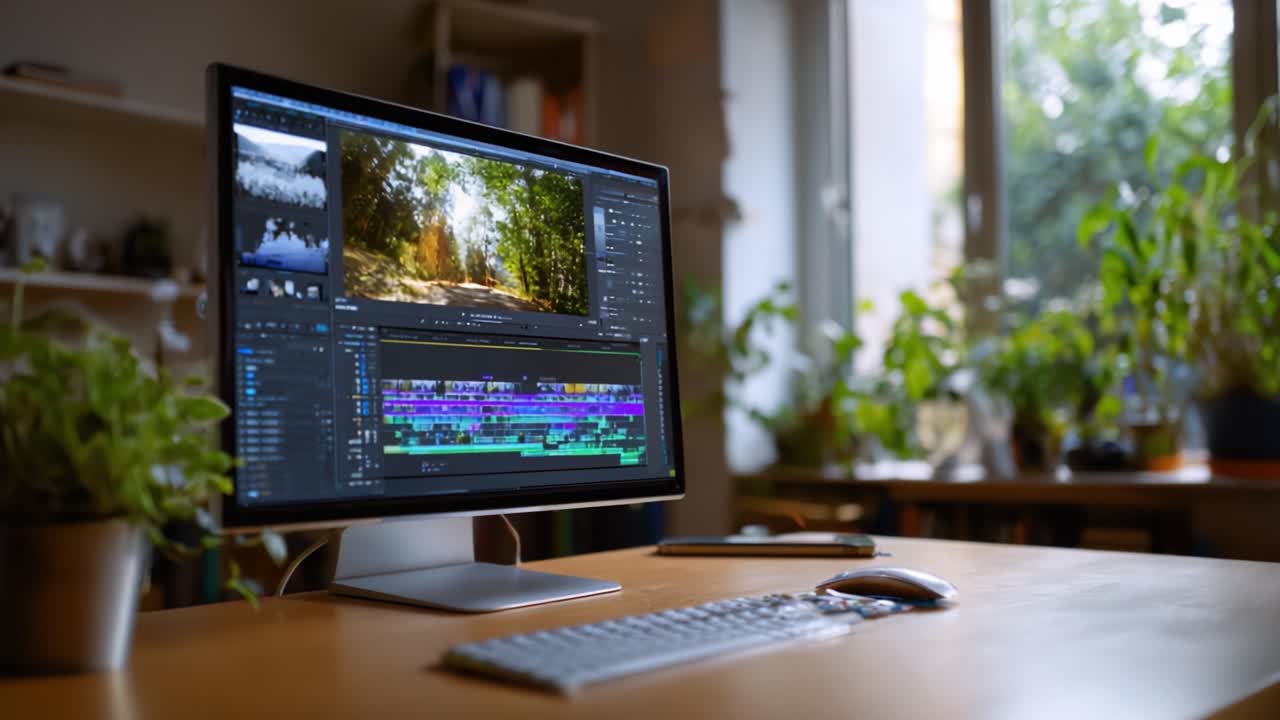 Modifica di un progetto video su un monitor circondato da piante verdeggianti, che mostra una timeline colorata e clip video naturalistici su una scrivania luminosa