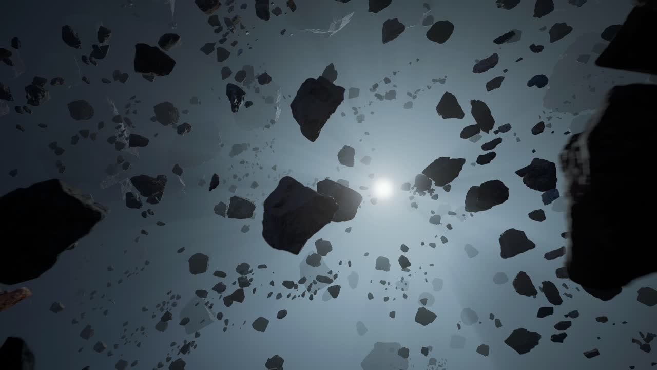 3D Render Animation Of An Asteroids Field In Deep Space, Slow Panoramic Cinematic Linear Shot