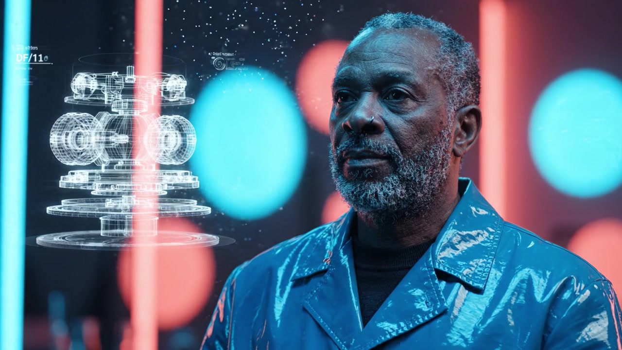 A contemplative figure in a futuristic setting, reflecting amidst vibrant neon lights and holographic displays, symbolizing technology and introspection.