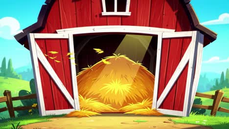 a vibrant red barn scene: exploring the charm of country life with bales of hay and scenic pastures in a whimsical animated landscape