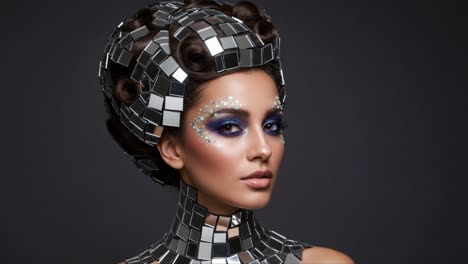 an elegant fashion portrait featuring a model with a stunning mirror-infused hairstyle and radiant makeup, capturing the essence of modern beauty and design