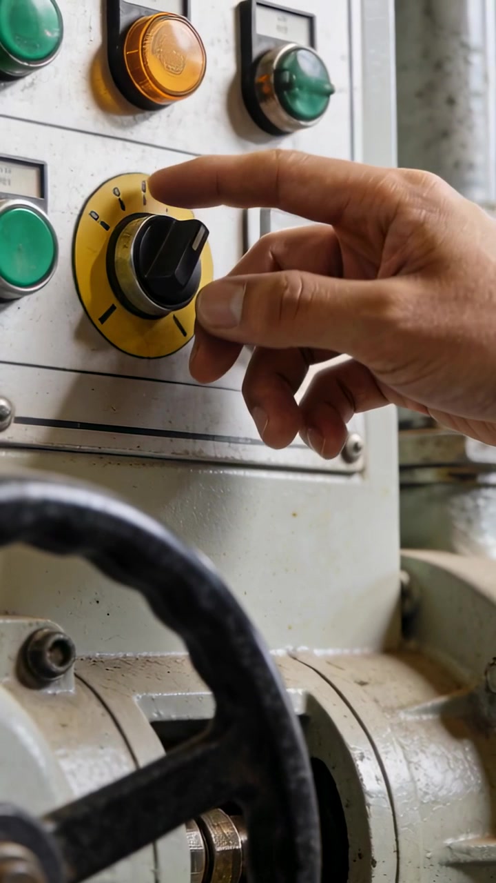 Vertical video: Grasping short-sleeved right hand turning knob at shop panel, aligning yellow dial