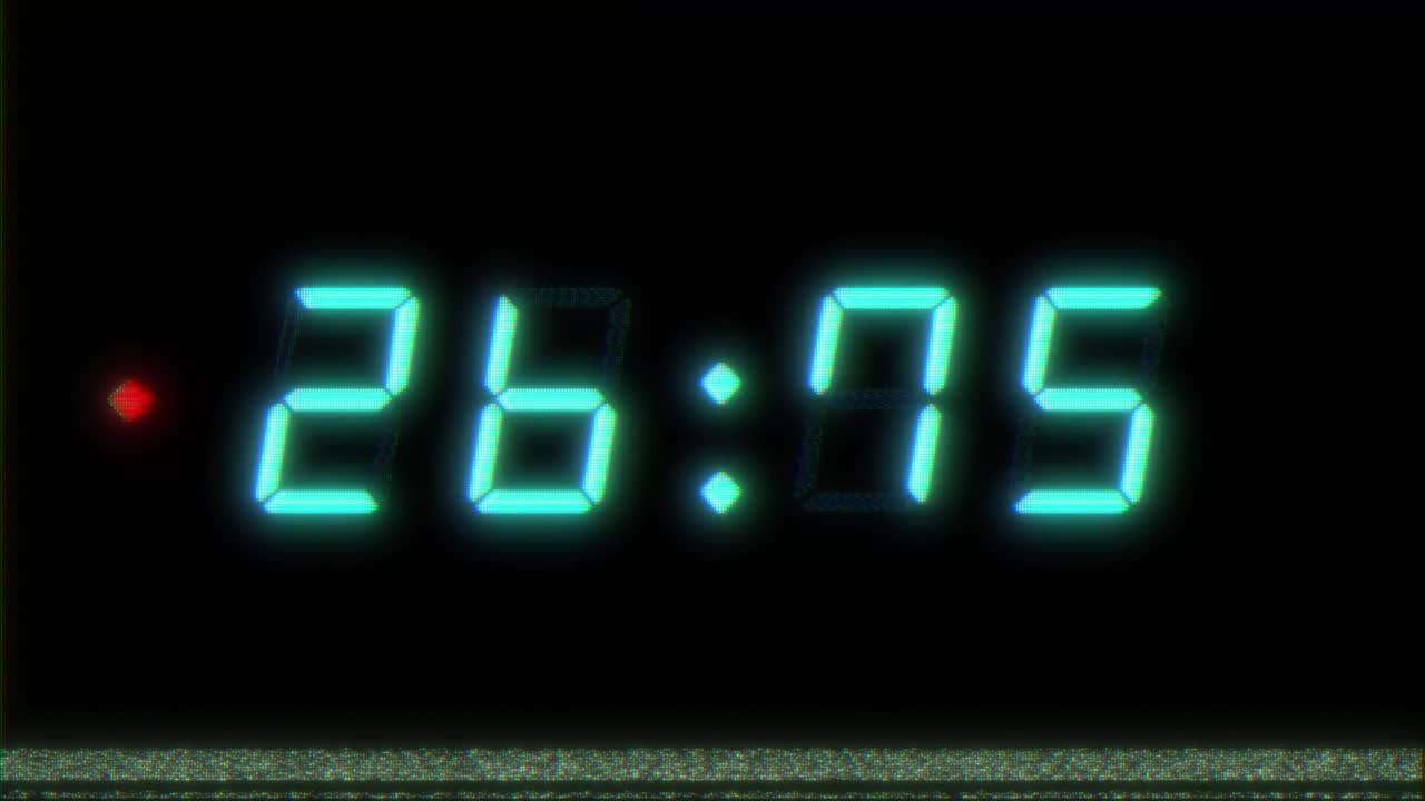 Glitching, distorted TV static 4-digits 30 second Cyan digital clock counting timer. Cyan or light blue digits on black color background. Retro digital alarm clock with VHS or TV noise and static