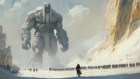 giant vs. army in a frozen landscape