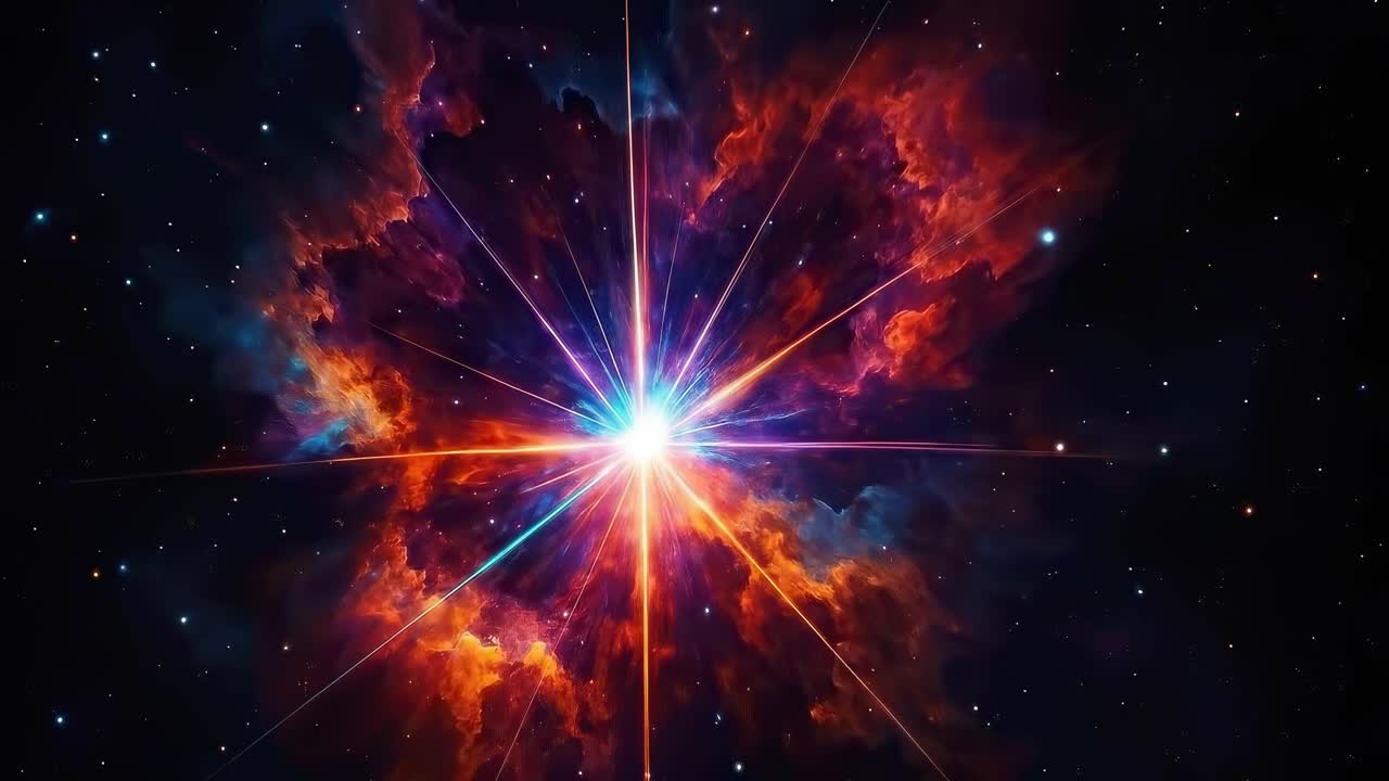 Video af kosmisk eksplosion med en centreret vinkel, der viser levende farver og dynamisk energi