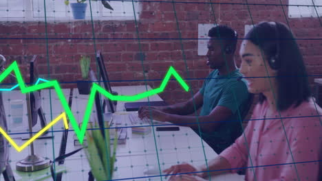 financial data graph animation over diverse people working in modern office