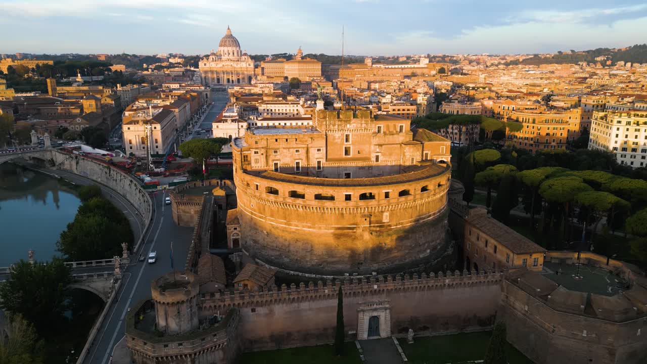 Drone Descends with Castel Sant'Angelo in Foreground