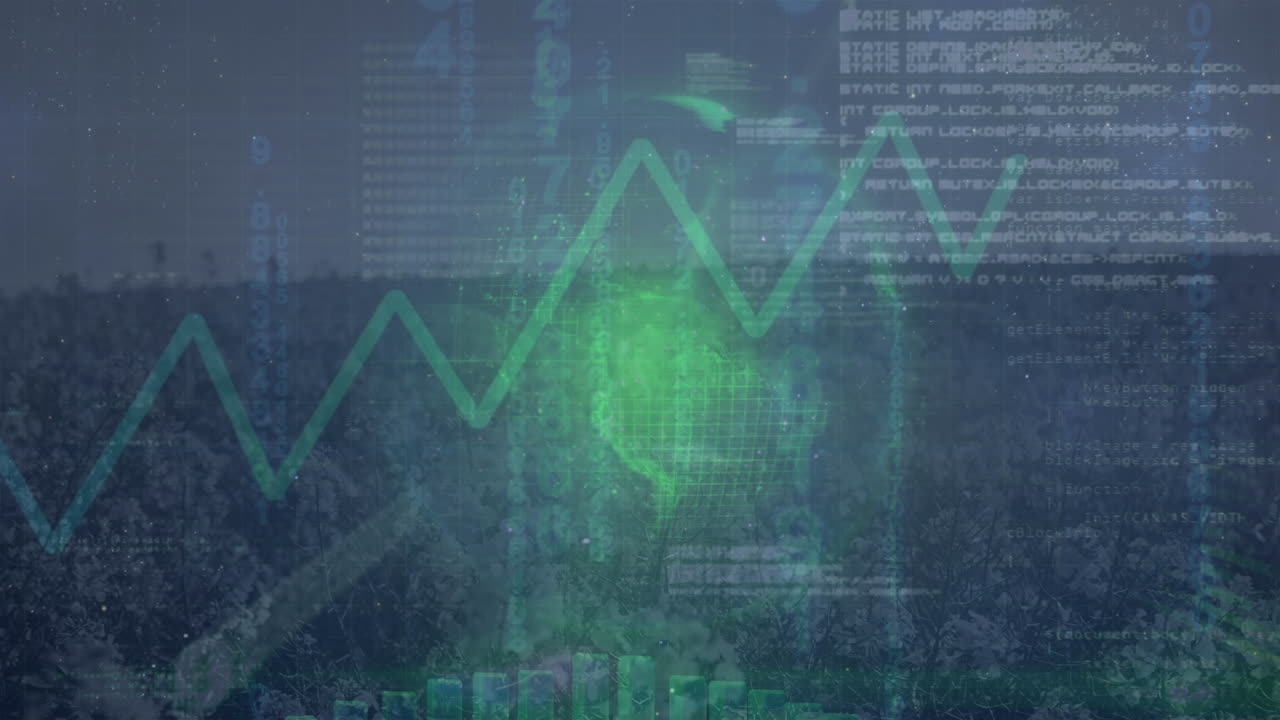 animación del procesamiento de datos sobre un globo giratorio frente a una vista aérea del bosque