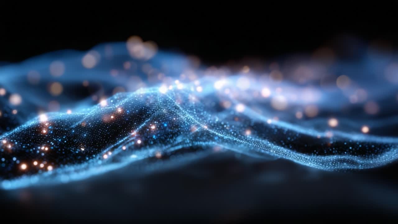 A mesmerizing digital landscape showcasing ethereal waves of light and particles, flowing gently in a fluid motion against a dark backdrop, creating an enchanting visual experience