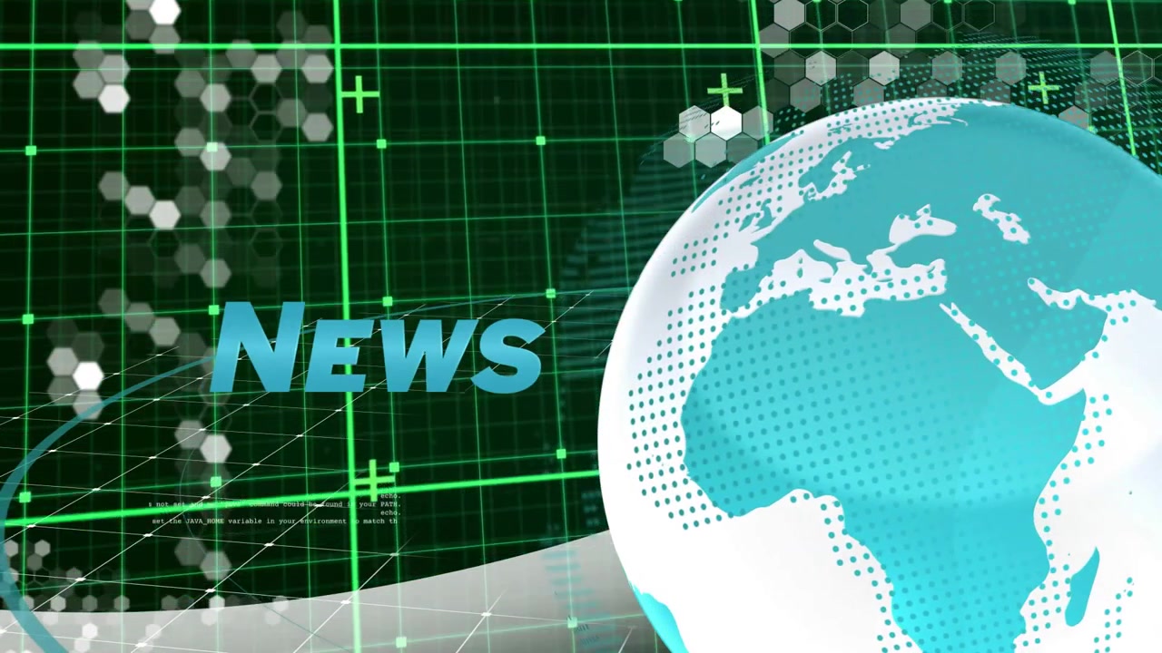 Abstract teal shapes forming dotted globe initiating rotation, NEWS text animating over green grid