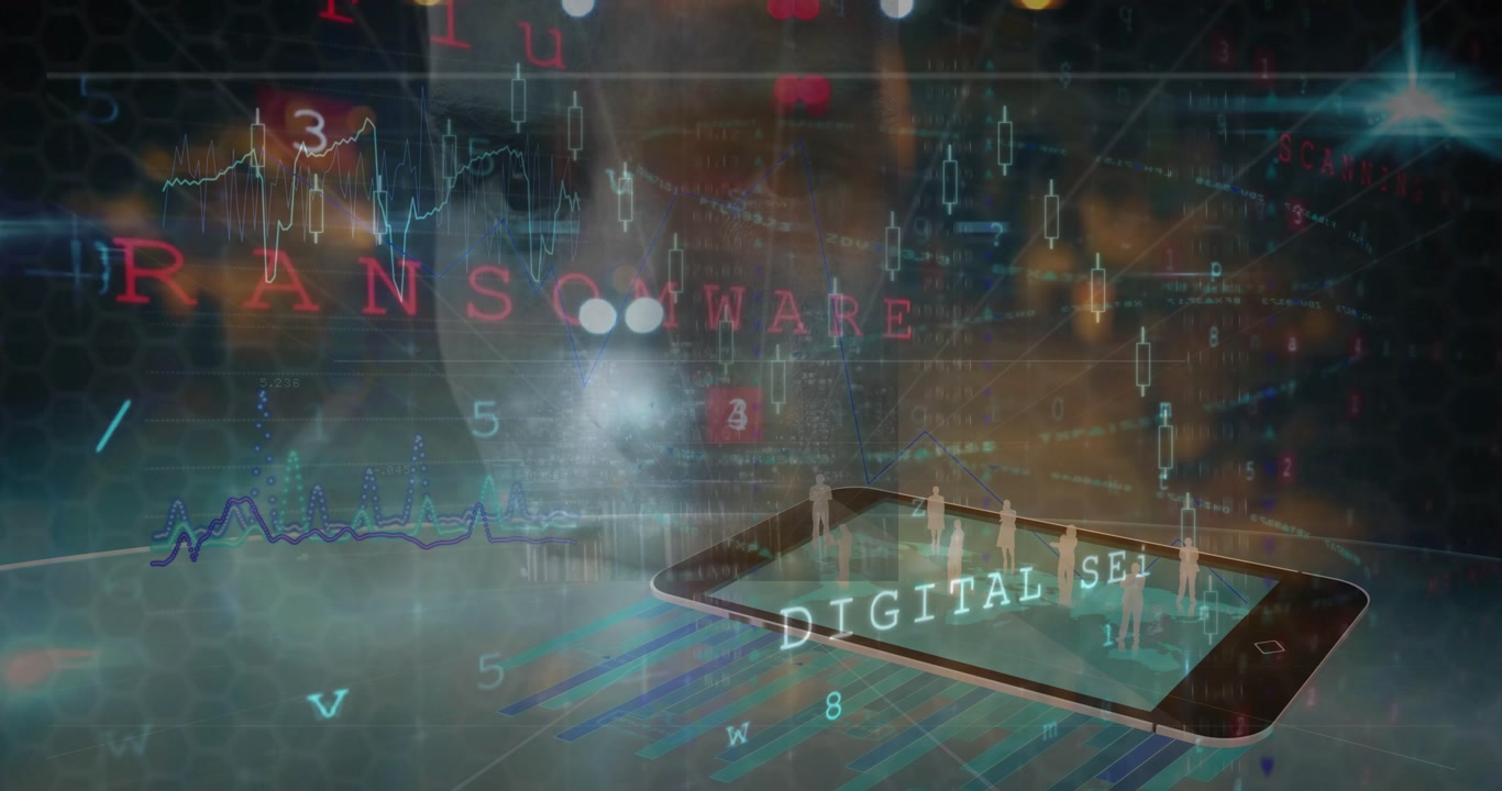 Lights highlighting tablet code forming silhouettes CYBERCRIME becoming digital security ATTACK