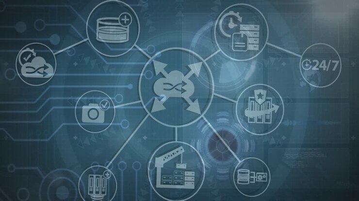 Animation of graphical flow charts with computer icons against interface screen