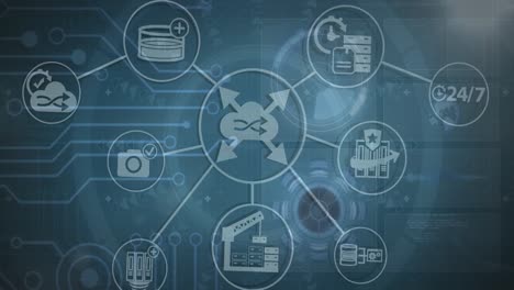 animación de diagramas de flujo gráficos con iconos de computadora contra la pantalla de la interfaz