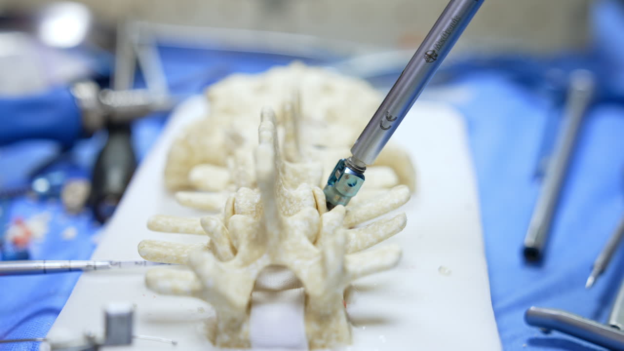 Metal instrument fastens a special medical screw in the dummy of spine. Educator demonstrates tool and materials for neurosurgery. Close up.