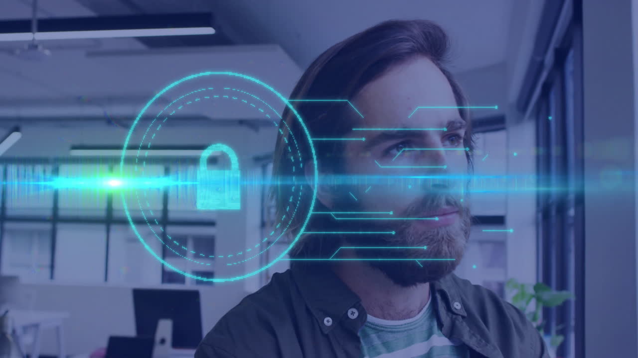 Man in office with digital data processing animation overlaying his face