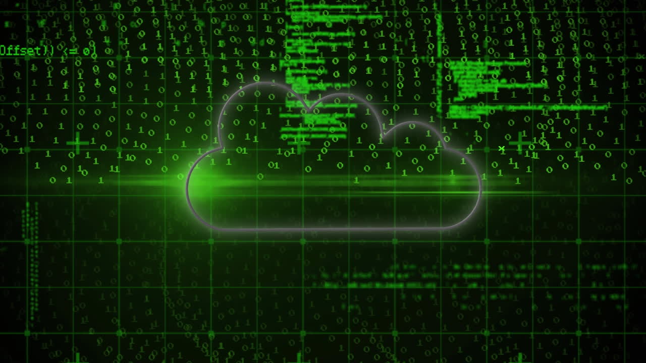 Animation of cloud, binary coding and data processing over grid