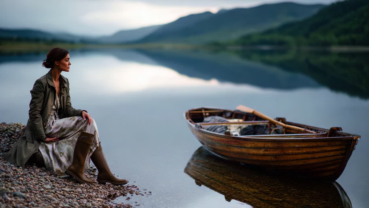 A Serene Reflection: A Woman Seated by a Tranquil Lake in a Wooden Boat, Capturing the Essence of Nature’s Beauty in Calm Water and Stunning Mountain Backdrop