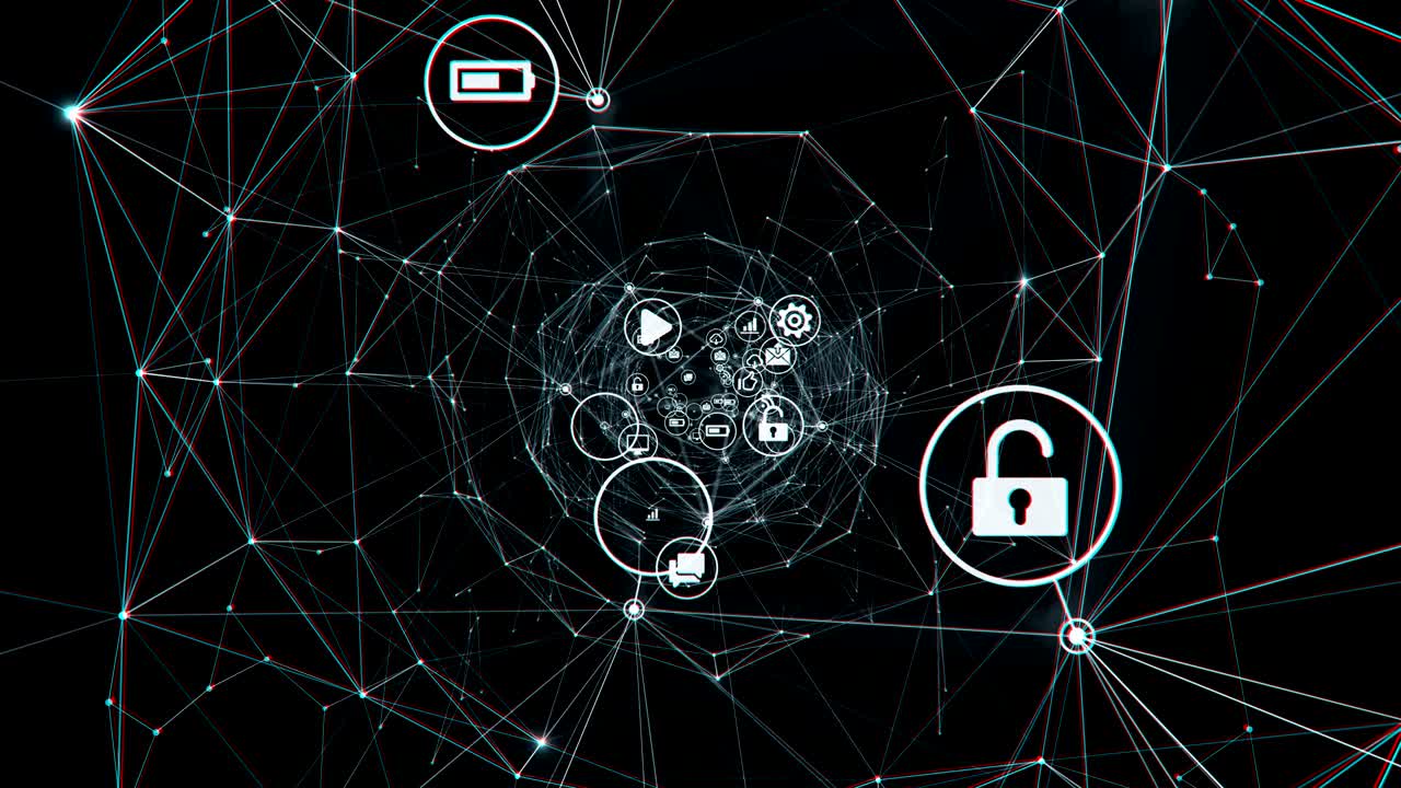 Flying Through the Digital Tunnel of Links with Changing Icons on Black Background. Beautiful Looped 3d Animation. Digital Technology and Information Concept.