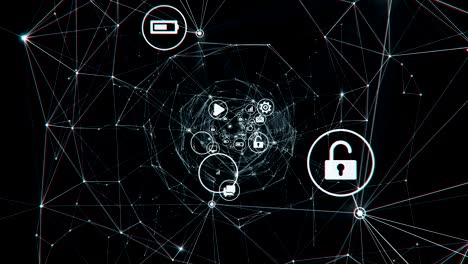 volando a través del túnel digital de enlaces con iconos cambiantes en fondo negro. hermosa animación 3d en bucle. tecnología digital y concepto de información.