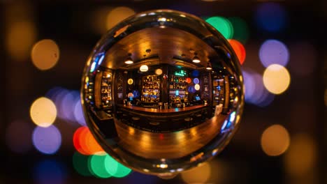 a captivating reflection of an elegant bar through a glass orb, showcasing warm lighting and colorful bokeh effects in a cozy atmosphere