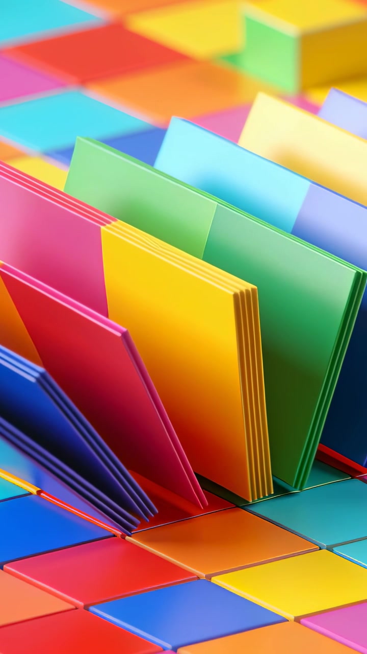 Vertical video: Tipping left panel, colorful panel row leaning and collapsing on studio tiled mat
