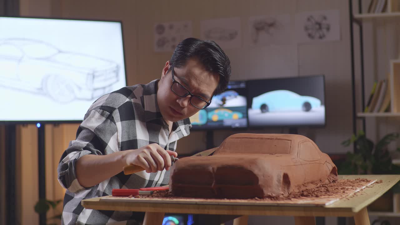 Asian Man Automotive Designer Having A Headache While Using Spatula To Smooth Out The Surface And Create Details In The Sculpture Of Car Clay In The Studio