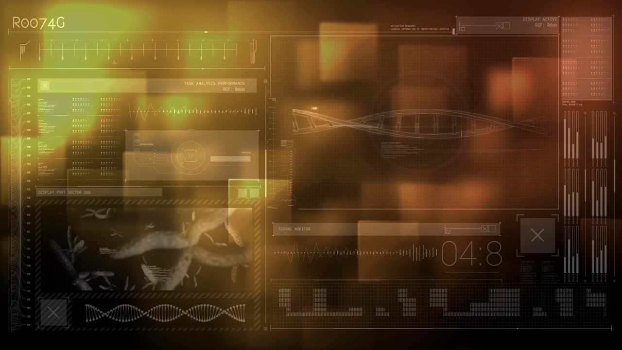 Animation of yellow squares moving over black digital screen with diverse data