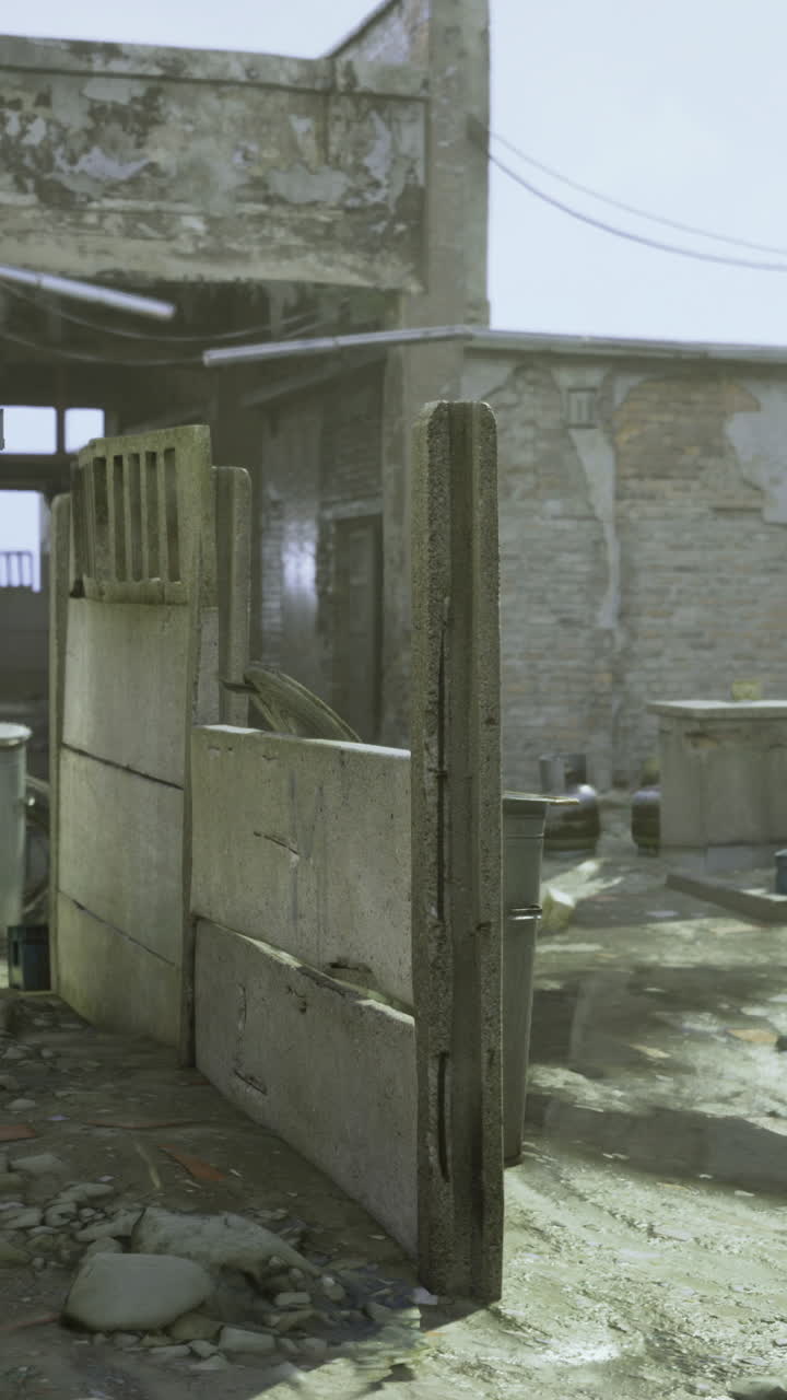 Abandoned industrial site with deteriorated buildings and debris in sunlight