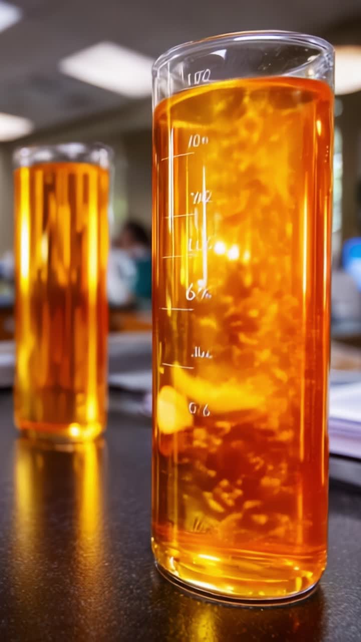 Due cilindri graduati riempiti di liquido arancione brillante che catturano bolle e riflessi in un ambiente di laboratorio in condizioni di illuminazione intensa