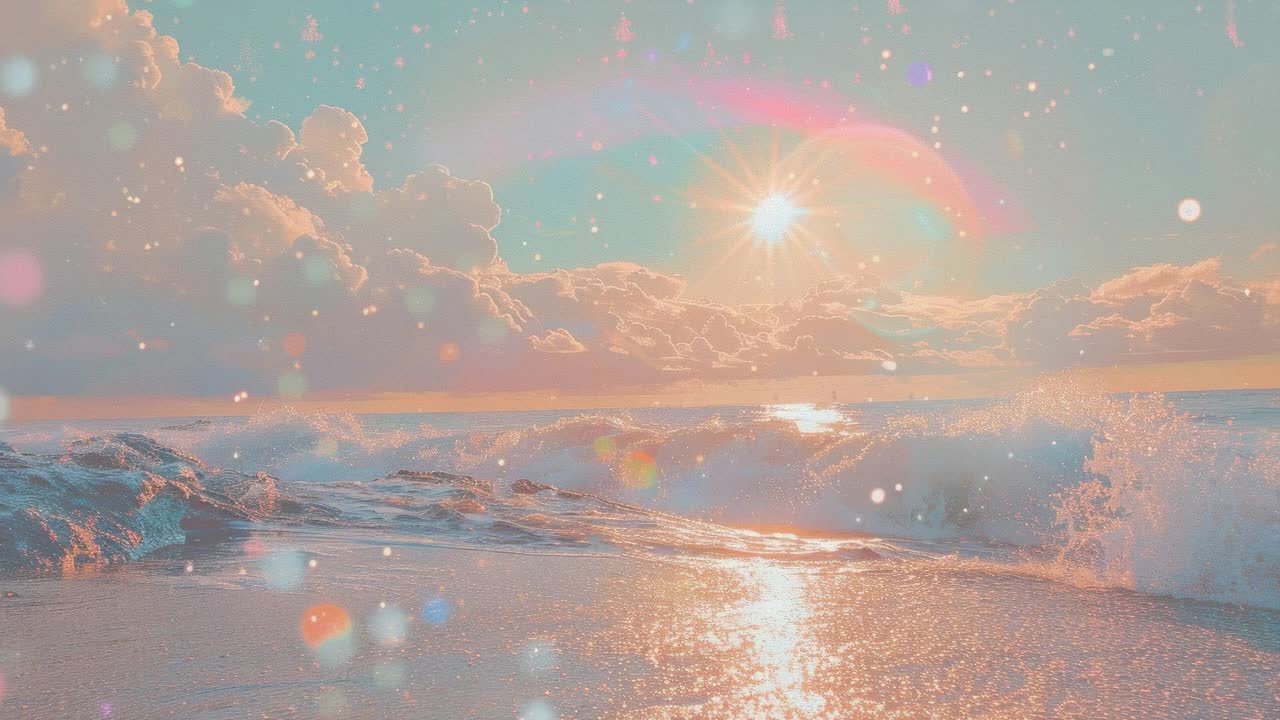 A dreamy, wide-angle beach scene video with a low horizon, capturing a vibrant rainbow, sunburst