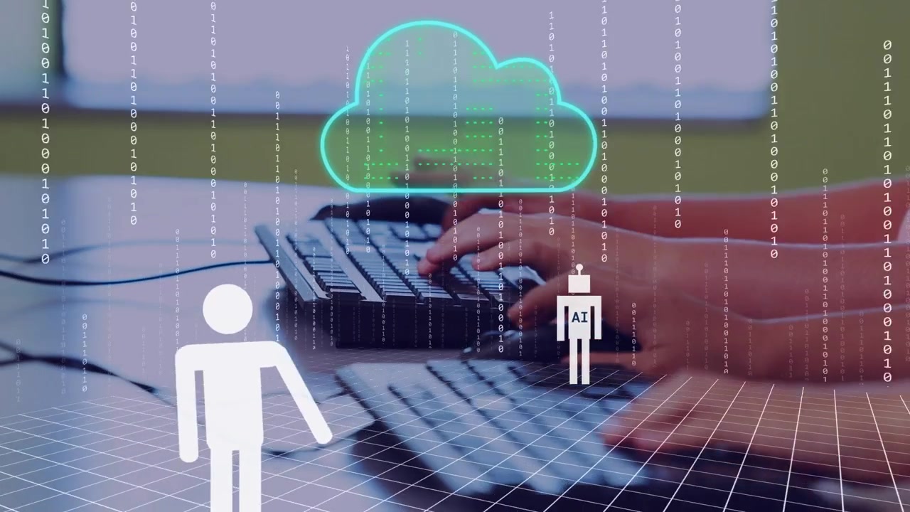 Team typing at keyboards, spawning neon cloud, human or AI avatars, streaming binary data for tech