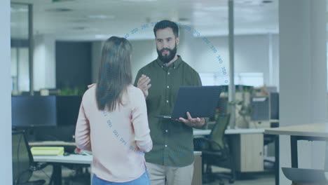 colleagues discussing business plan in open office, showing animated chart overlays above laptop
