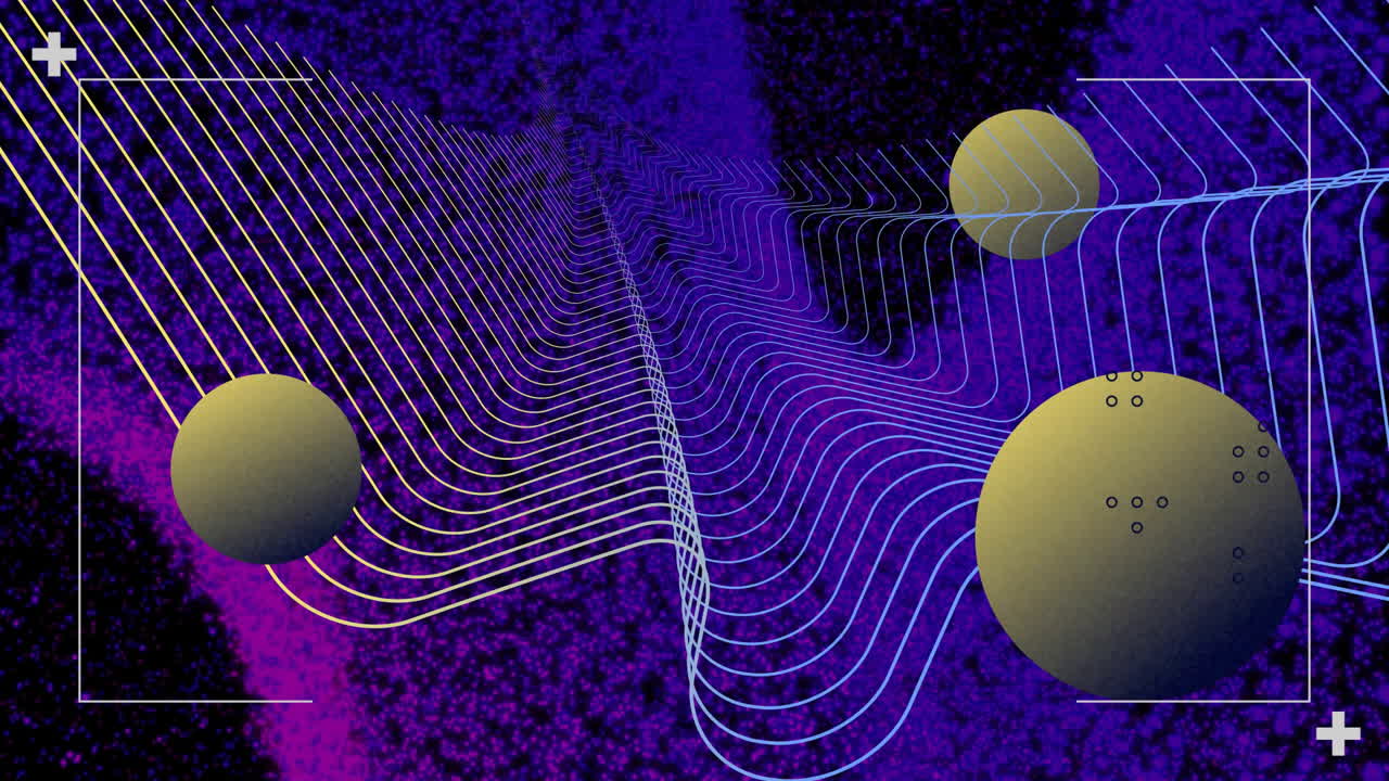 Abstract mesh flowing over purple backdrop, showing floating mustard spheres and white brackets