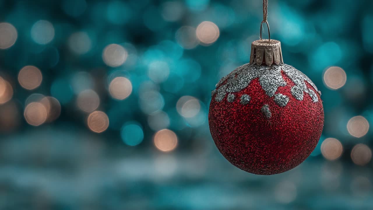 Una decorazione natalizia rossa e argentata, finemente realizzata, è appesa su uno sfondo blu scintillante, incarnando lo spirito della gioia delle feste e degli addobbi natalizi.