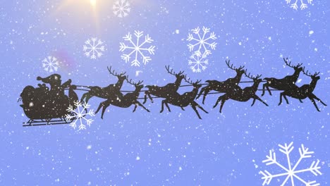 Animation-of-black-silhouette-of-santa-claus-in-sleigh-being-pulled-by-reindeer-with-snow-falling-on