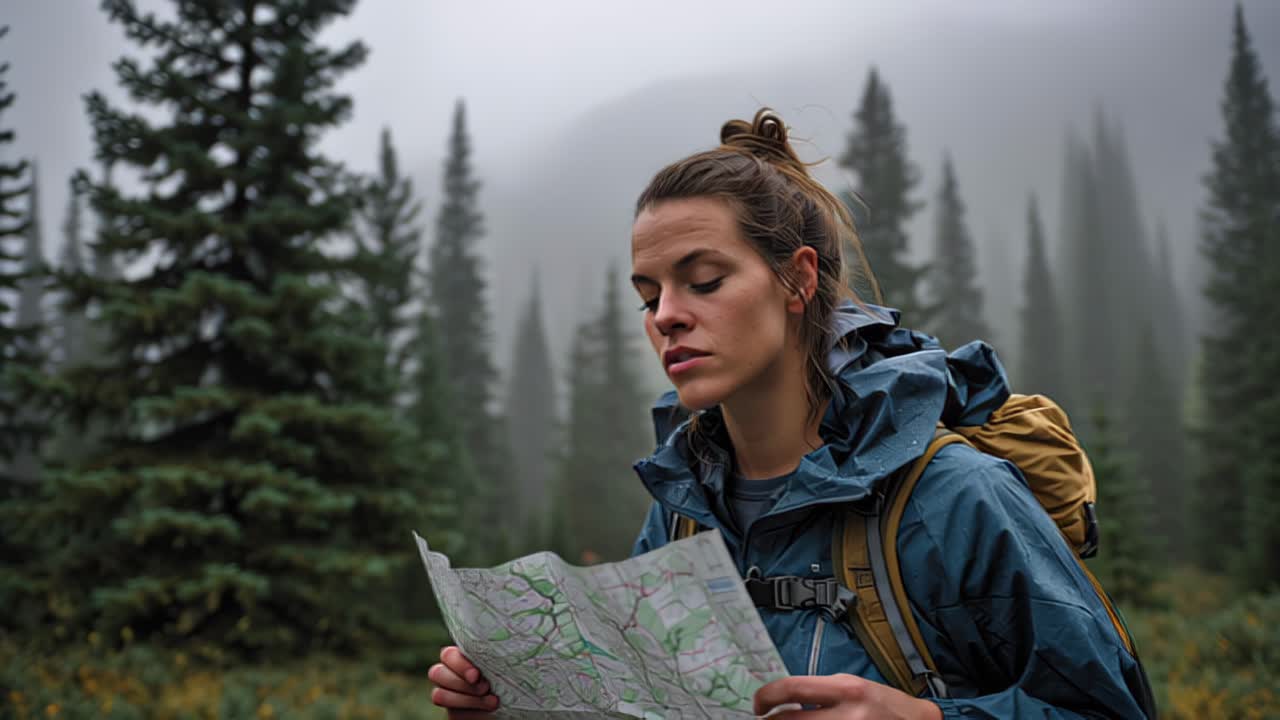 Footage of a young woman backpacker studying a paper map in a foggy evergreen forest with mountains in the background, travel navigation and hiking concept