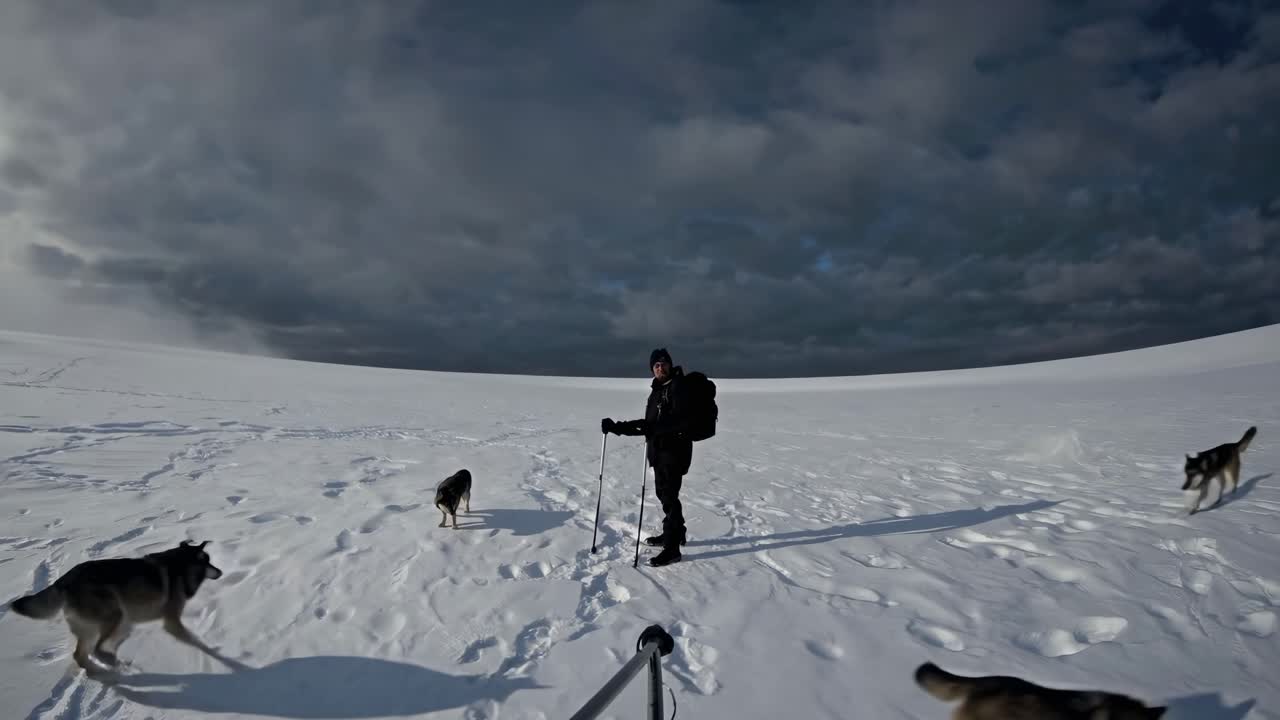 그리고 허스키가 눈 속에서 놀고 있는 사람