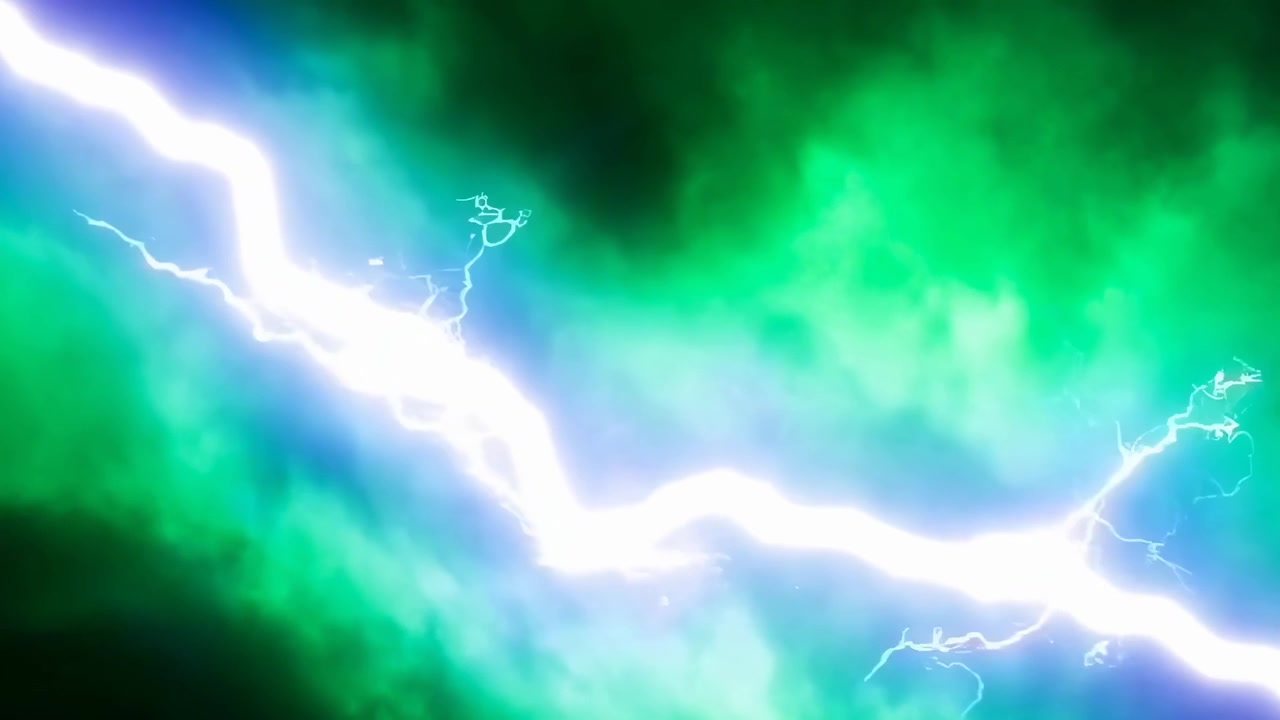 Fulmine dinamico che attraversa energia verde e blu