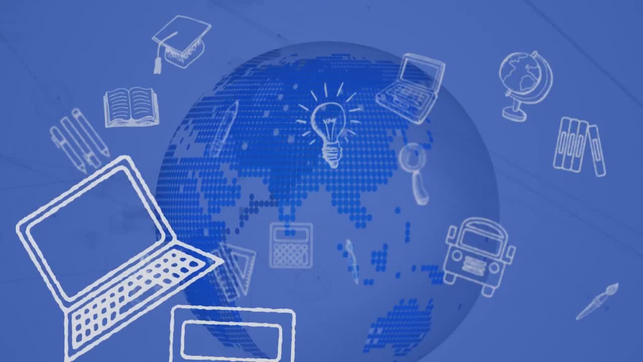 파란색 지구와 파란색 배경 위에 떠있는 학교 아이콘의 애니메이션