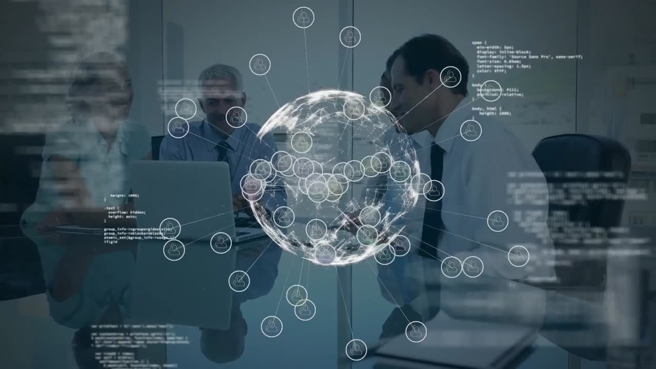 Digital composition of globe of network of connections against business people in meeting room at of