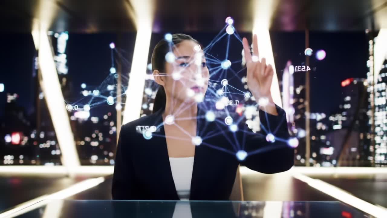 A focused professional interacts with a holographic network display, demonstrating advanced technology in a modern high-rise setting with a futuristic urban skyline backdrop