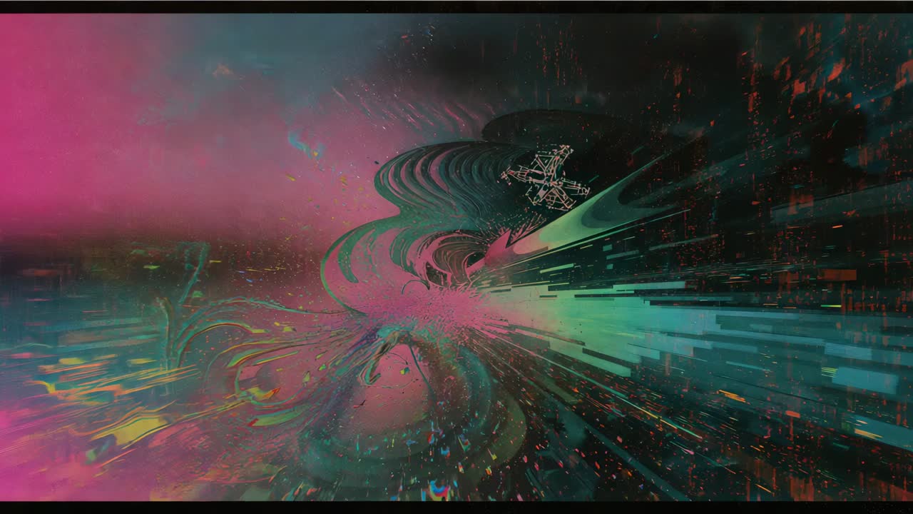 Plunging camera viewpoint accelerating through CGI tunnel to center, building pink particle burst