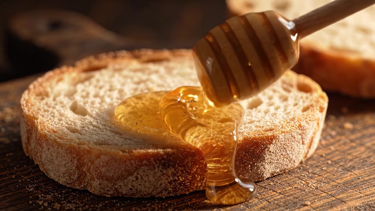 Delightful Drizzle: Capturing the Golden Flow of Honey on Freshly Sliced Bread in a Cozy Kitchen Setting