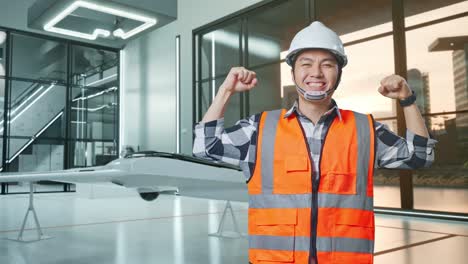 trabajador de la construcción feliz en un entorno de oficina moderno