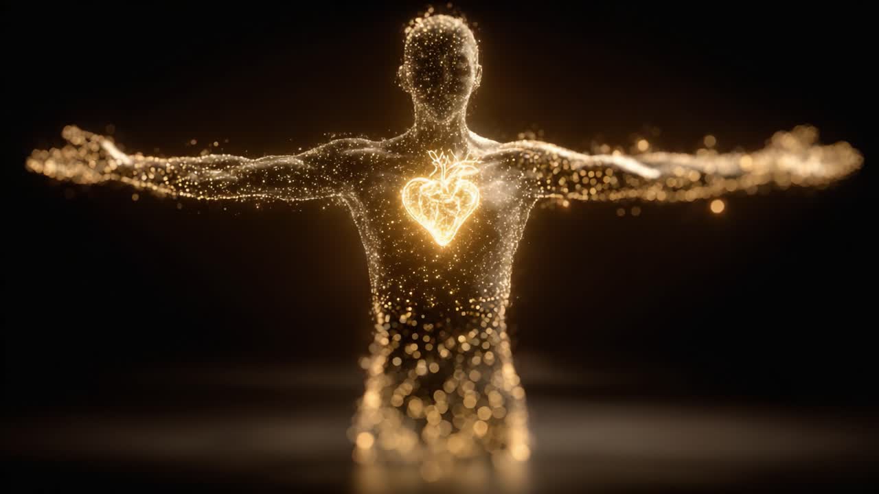 A luminous figure emerges from darkness, embodying the essence of love and connection, radiating energy from a heart-shaped core that signifies unity and harmony