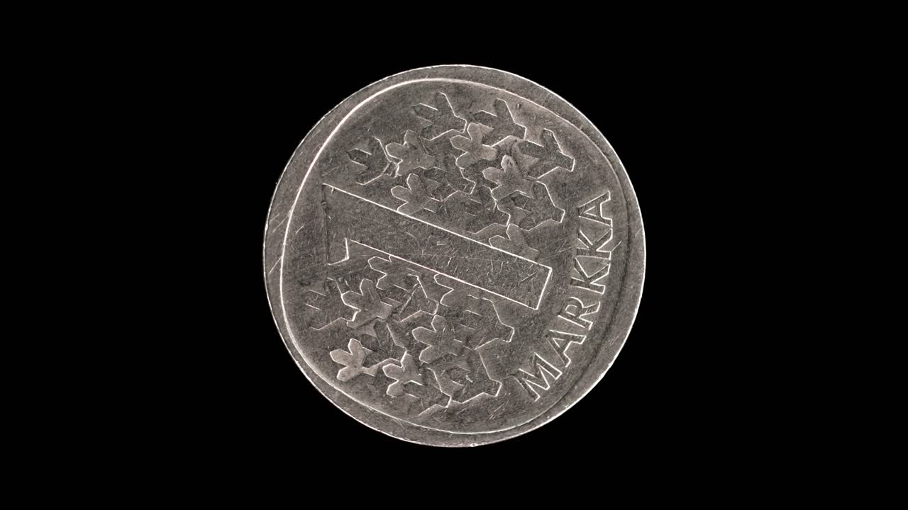 Finland 1973 1 markka coin reverse with spruce trees and large denomination rotating on black background