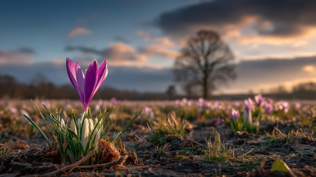 A Close-Up View of a Blooming Crocus Flower Amidst a Scenic Landscape as Dusk Approaches, Highlighting Nature's Beauty in Soft Light and Vibrant Colors