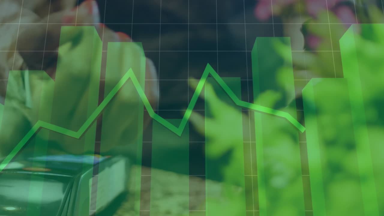 Green line graph animation over blurred outdoor garden scene with plants